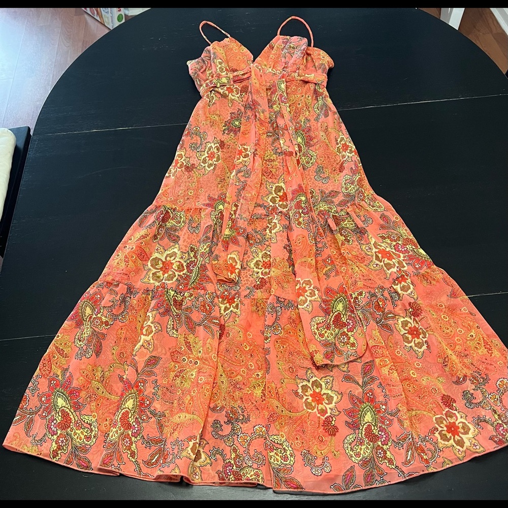 Animal Print/Paisley Print Spaghetti Strap Peach Tiered Dress with Frontal Bow